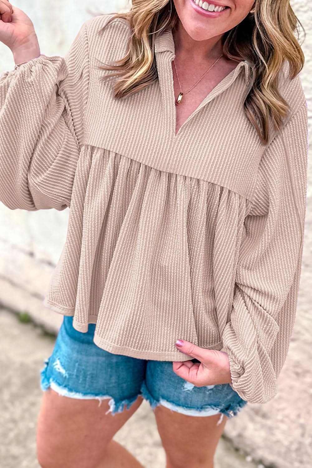Tops/Blouses & Shirts Love Salve Parchment Corded Turn-down V Neck Bubble Sleeve Ba