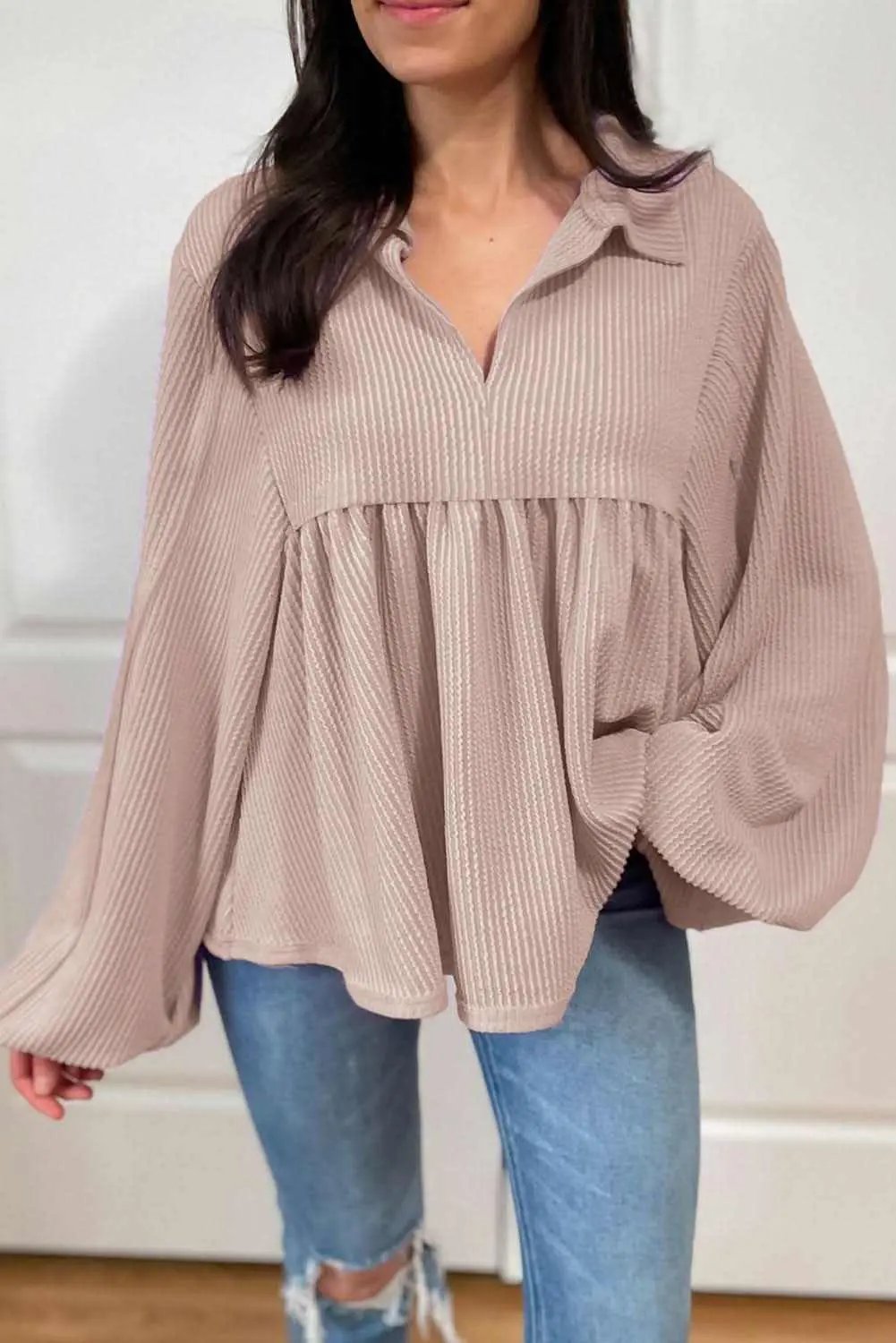 Tops/Blouses & Shirts Love Salve Parchment Corded Turn-down V Neck Bubble Sleeve Ba