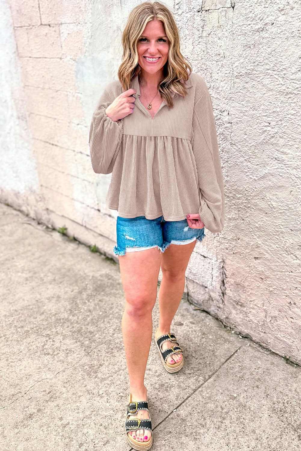 Tops/Blouses & Shirts Love Salve Parchment Corded Turn-down V Neck Bubble Sleeve Ba