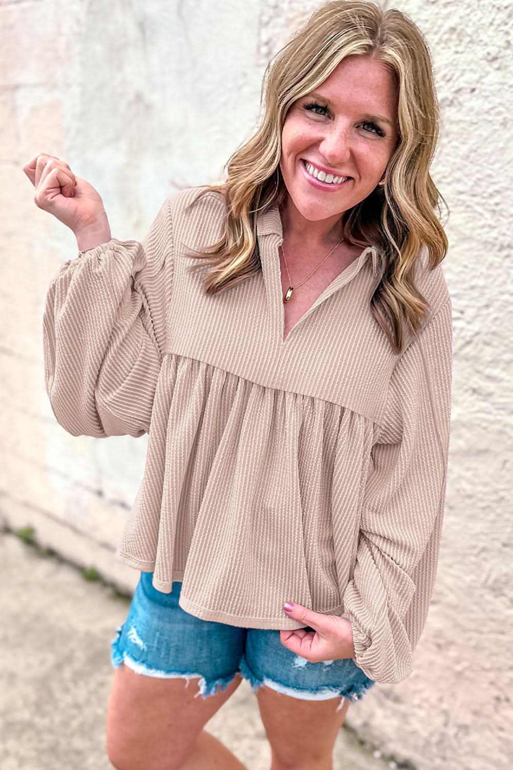 Tops/Blouses & Shirts Love Salve Parchment Corded Turn-down V Neck Bubble Sleeve Ba