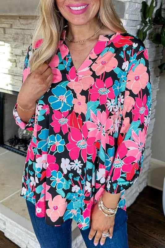 Accessories Love Salve Pink Floral V Neck Roll Tab Sleeve Blouse