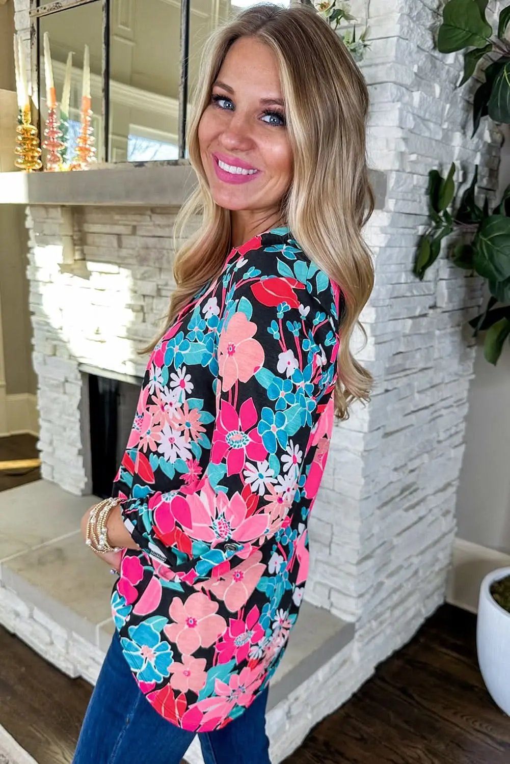 Accessories Love Salve Pink Floral V Neck Roll Tab Sleeve Blouse