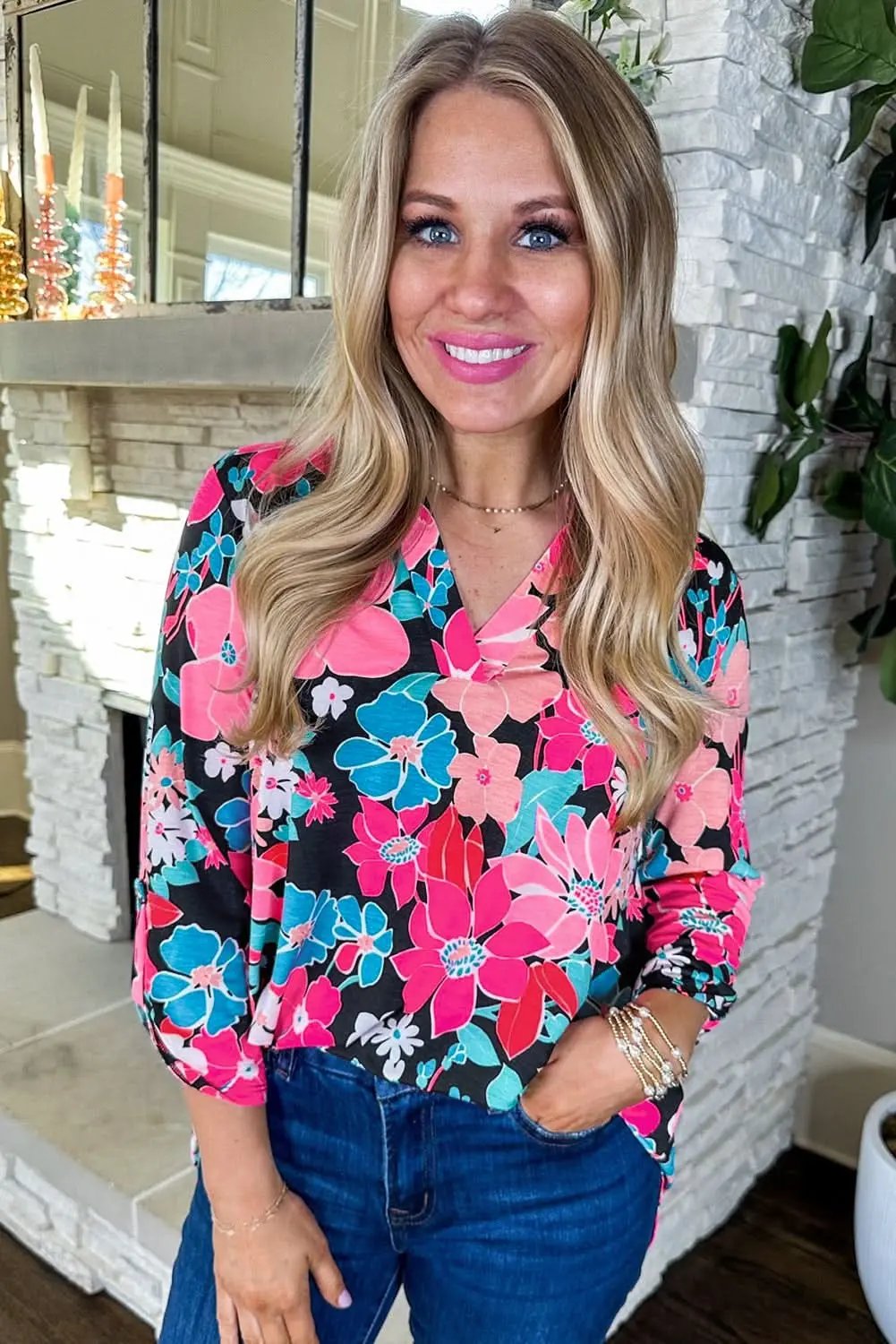 Accessories Love Salve Pink Floral V Neck Roll Tab Sleeve Blouse