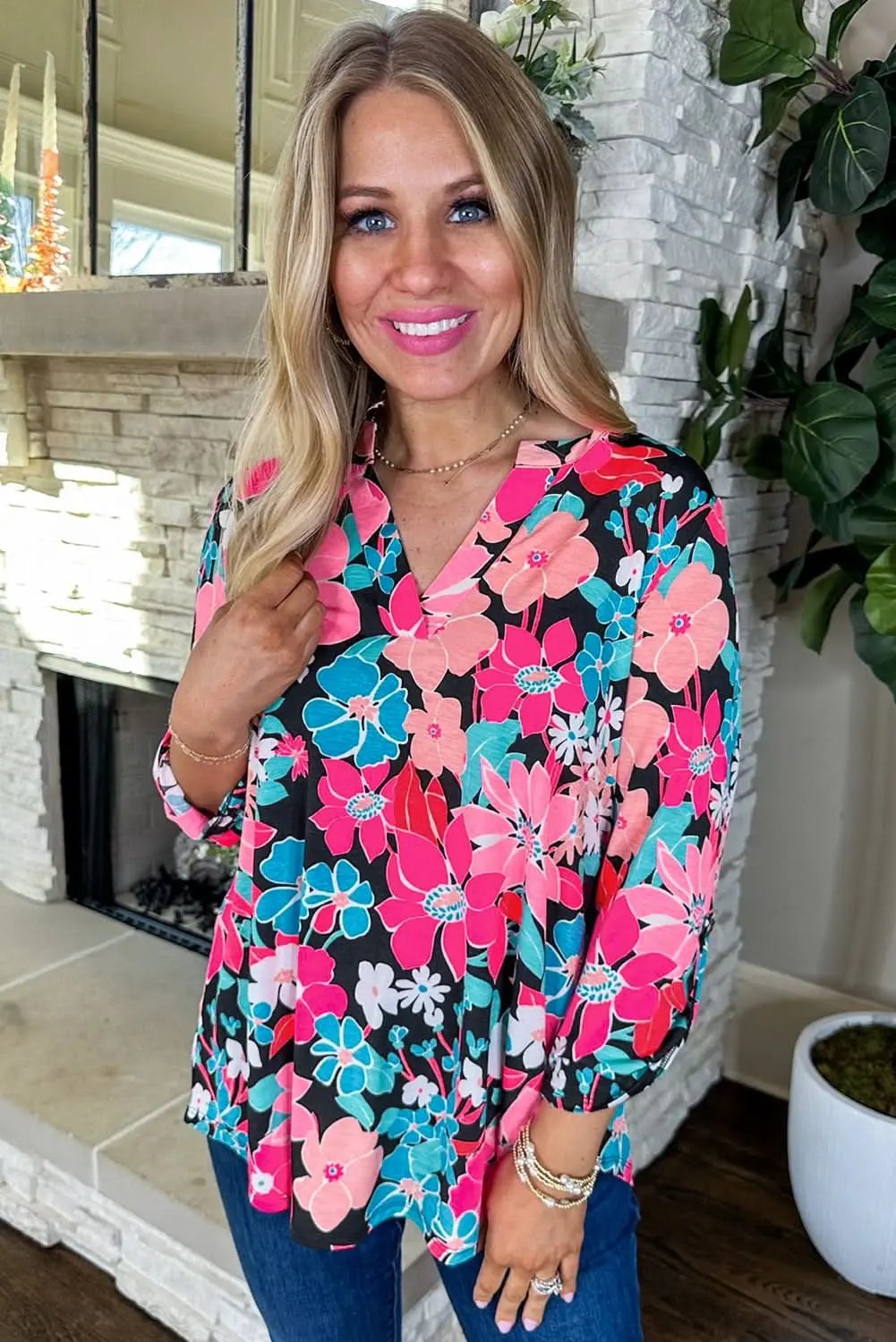 Accessories Love Salve Pink Floral V Neck Roll Tab Sleeve Blouse