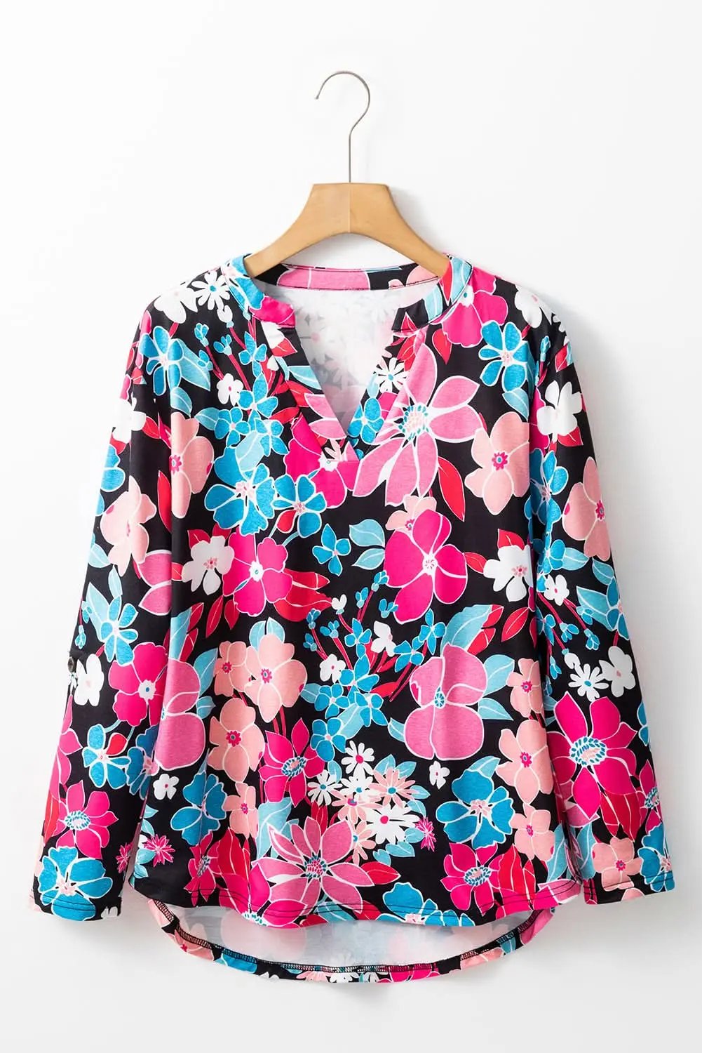 Accessories Love Salve Pink Floral V Neck Roll Tab Sleeve Blouse