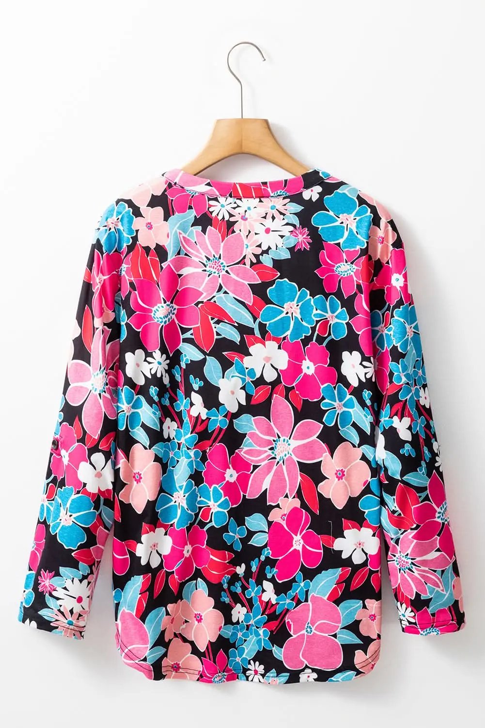Accessories Love Salve Pink Floral V Neck Roll Tab Sleeve Blouse