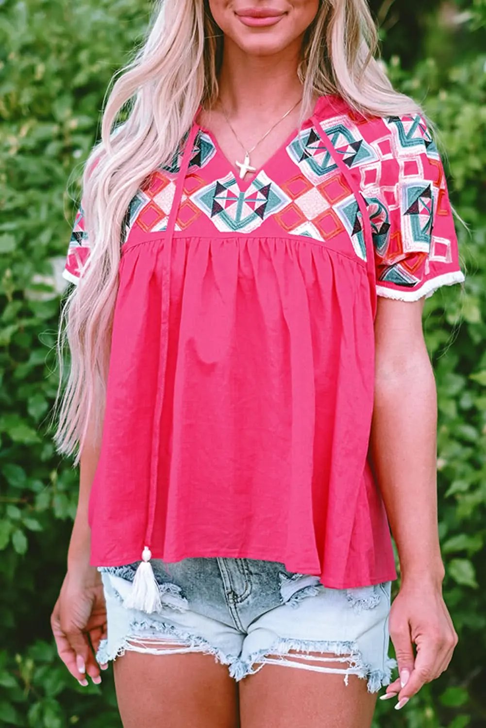 Accessories Love Salve Strawberry Pink Geometric Embroidered Tassel Tie V