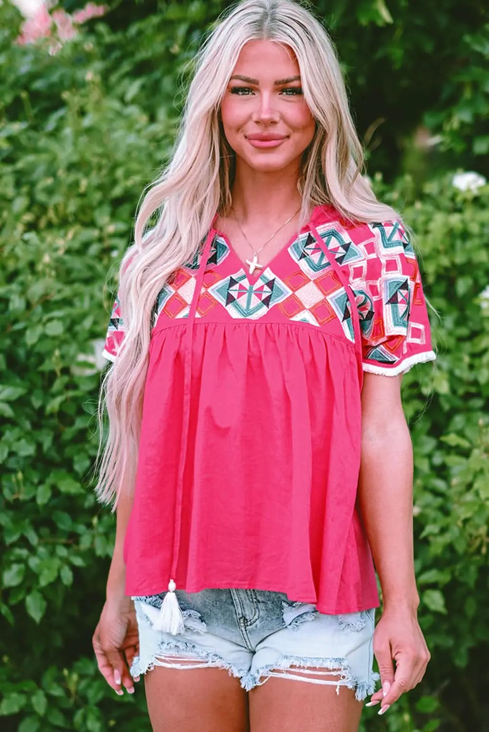 Accessories Love Salve Strawberry Pink Geometric Embroidered Tassel Tie V