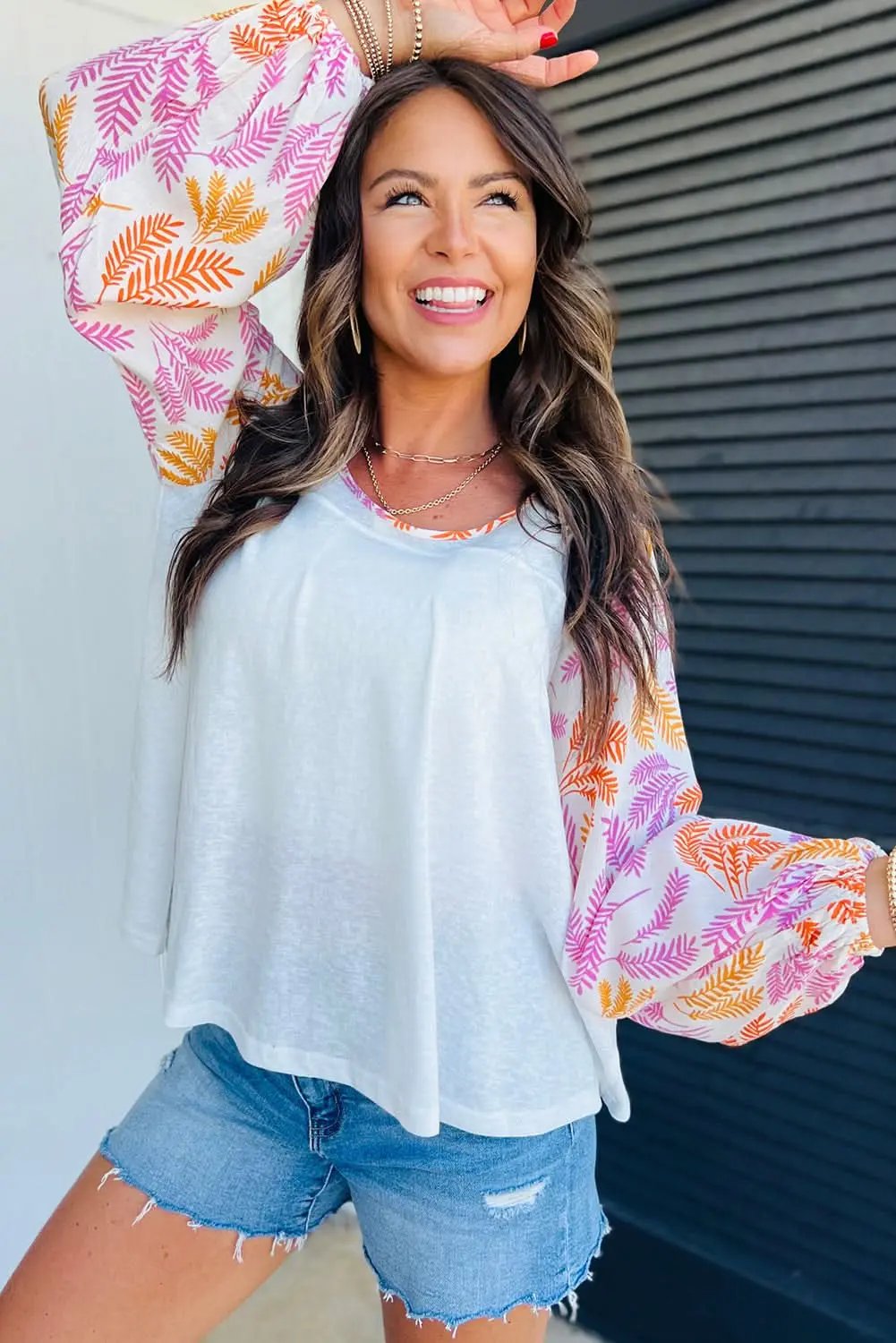 Tops/Blouses & Shirts Love Salve White Tropical Leaf Printed Patchwork Sleeve Round