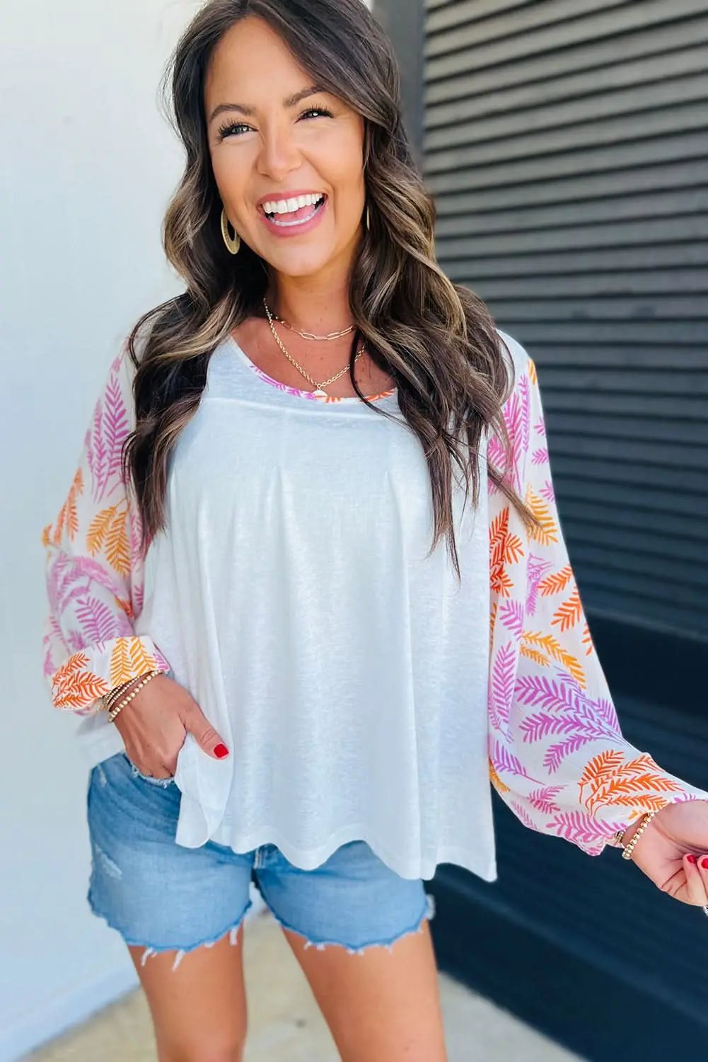 Tops/Blouses & Shirts Love Salve White Tropical Leaf Printed Patchwork Sleeve Round