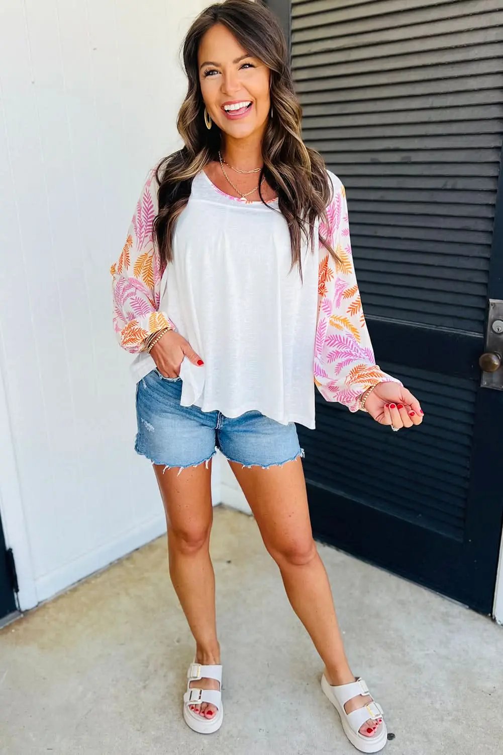 Tops/Blouses & Shirts Love Salve White Tropical Leaf Printed Patchwork Sleeve Round