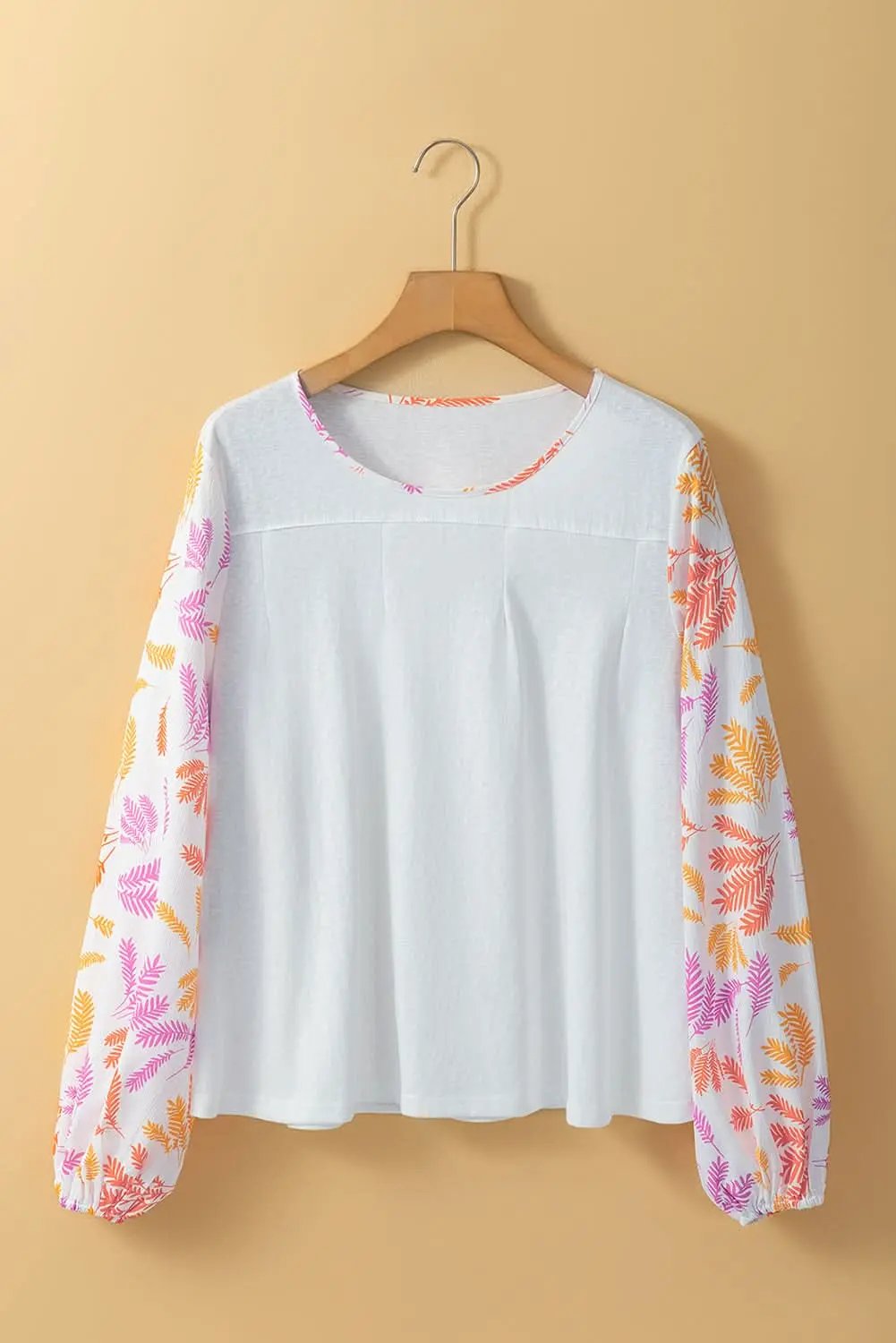 Tops/Blouses & Shirts Love Salve White Tropical Leaf Printed Patchwork Sleeve Round