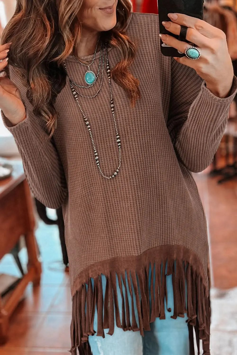 Sweaters Love Salve Chic coffee knit top with fringe
