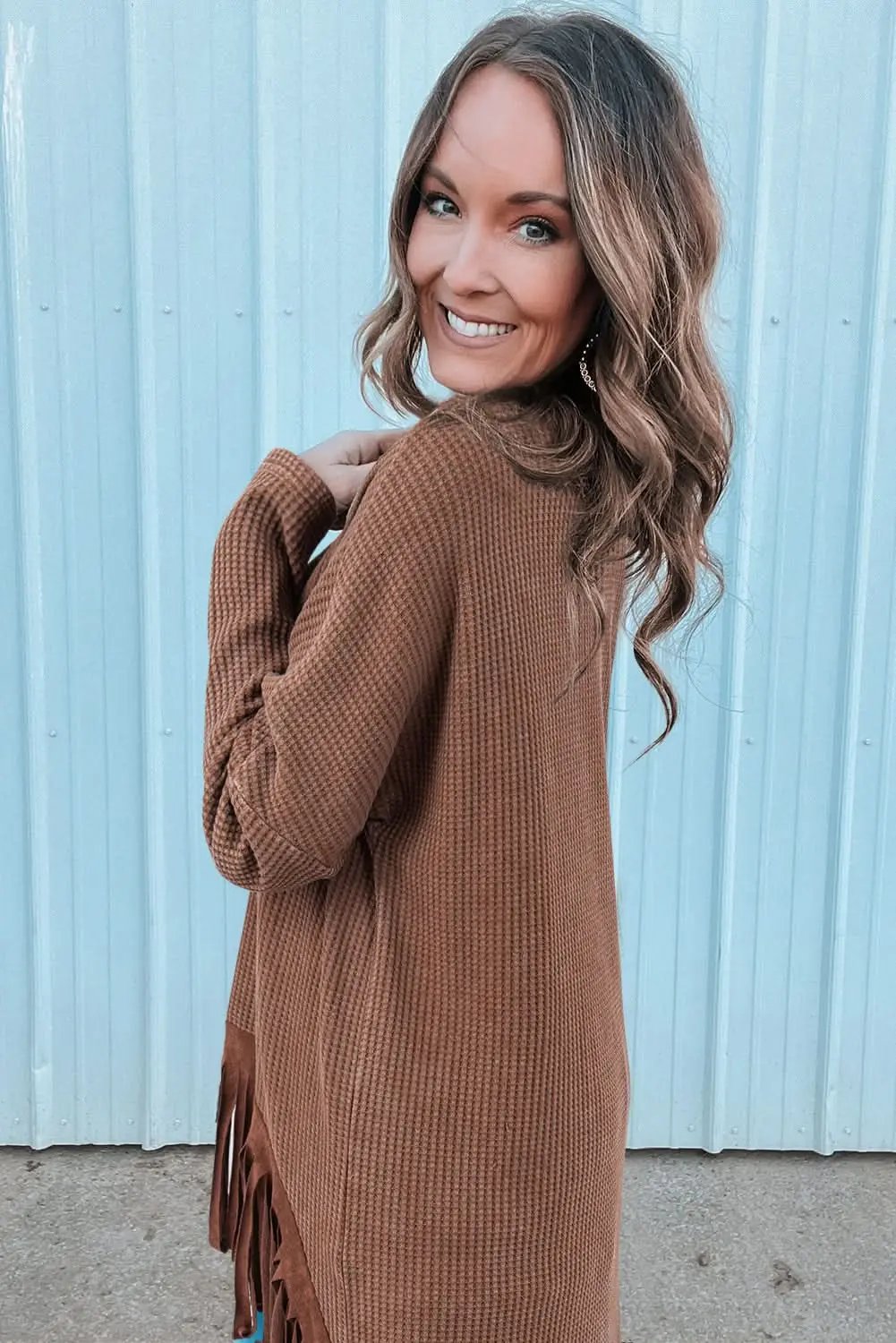 Sweaters Love Salve Chic coffee knit top with fringe