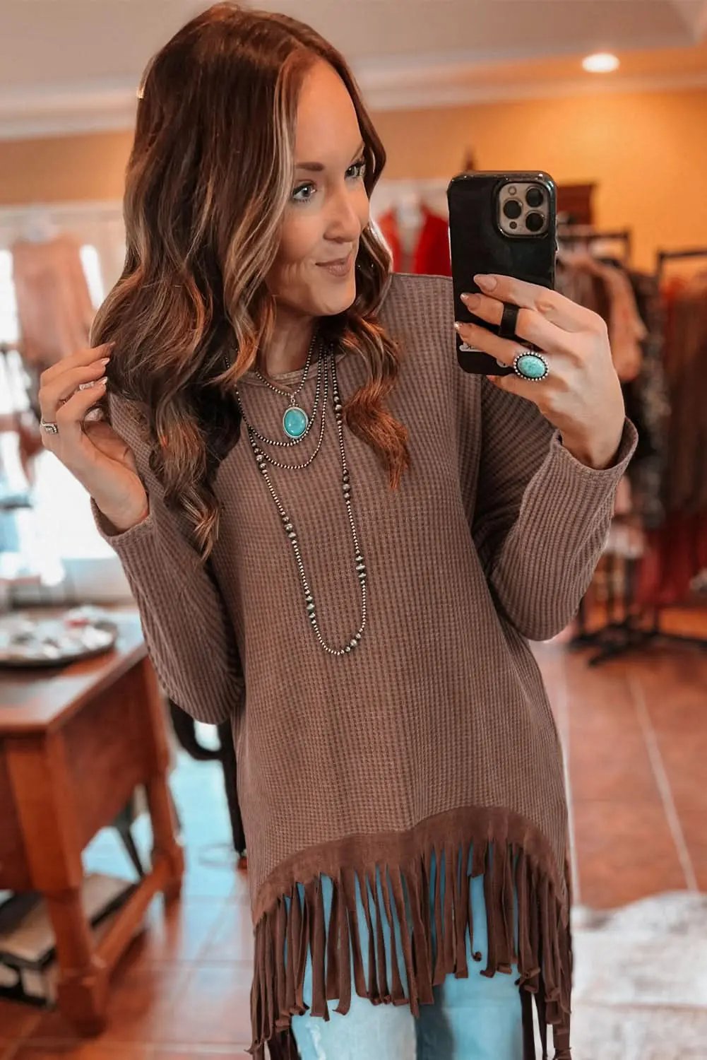 Sweaters Love Salve Chic coffee knit top with fringe