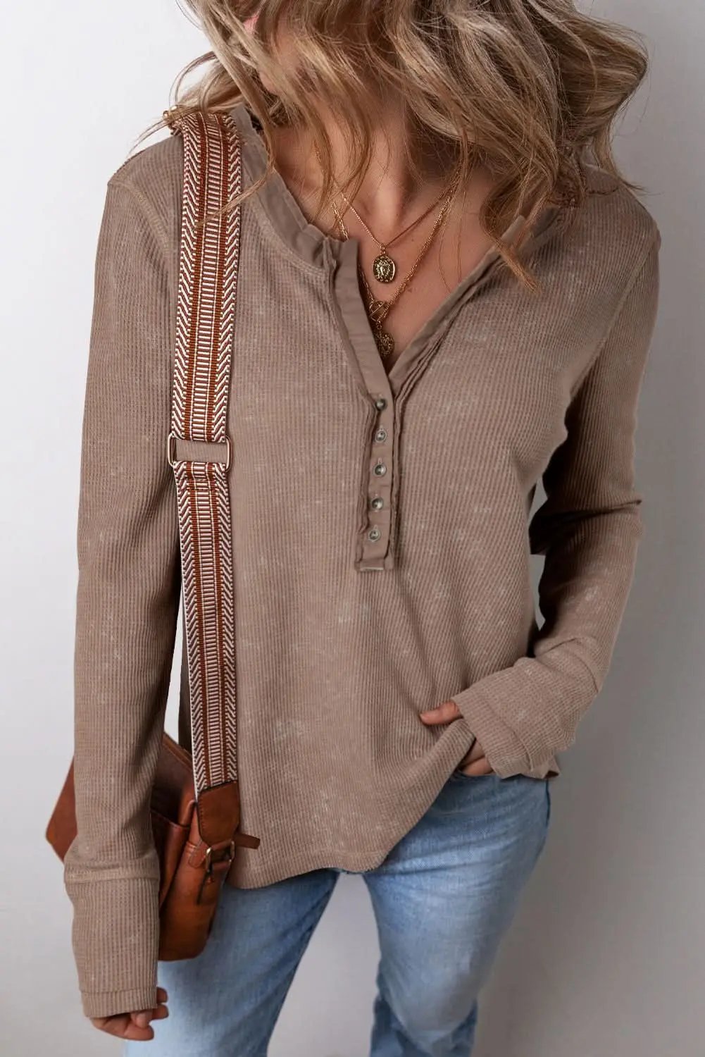 Love Salve Women's Waffle Knit Long Sleeve Tee — Coffee Acid Wash