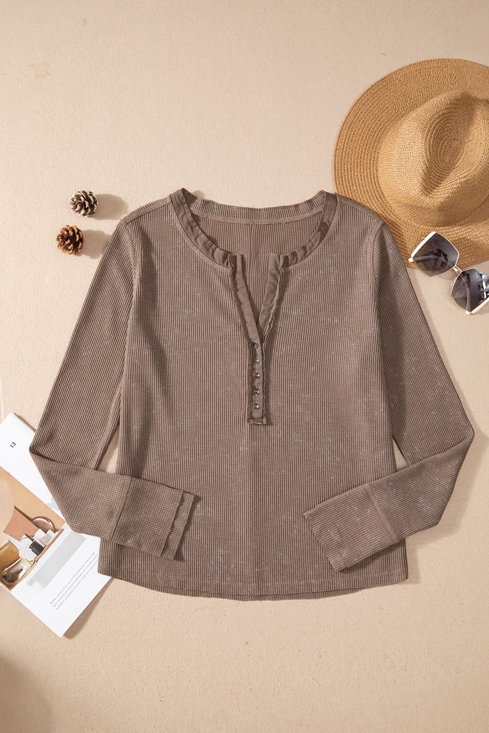 Love Salve Women's Waffle Knit Long Sleeve Tee — Coffee Acid Wash