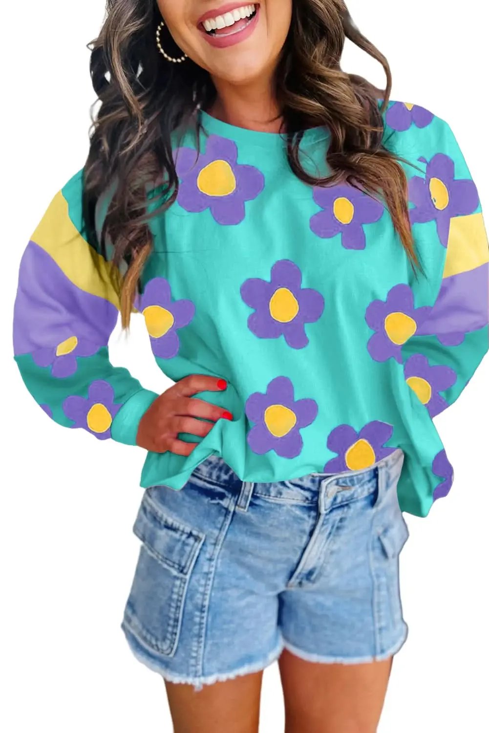 Accessories Love Salve Sky Blue Floral Women's Top Casual Long Sleeve Comfy Fit