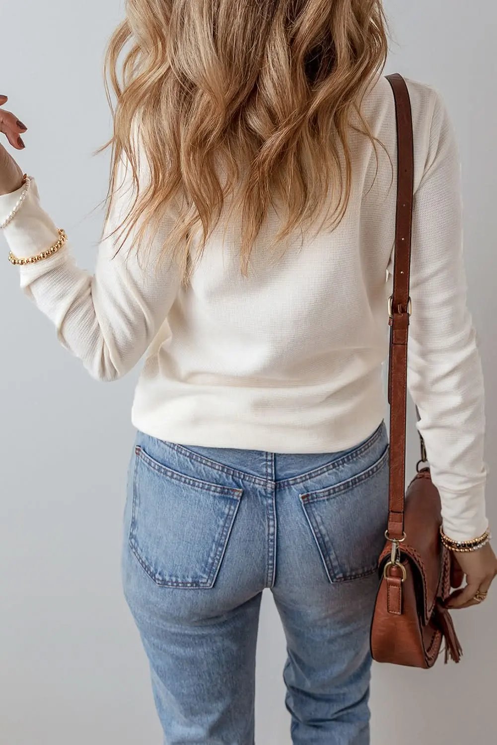Sweaters Love Salve White Solid Color Waffle Half Button Long Sleeve T