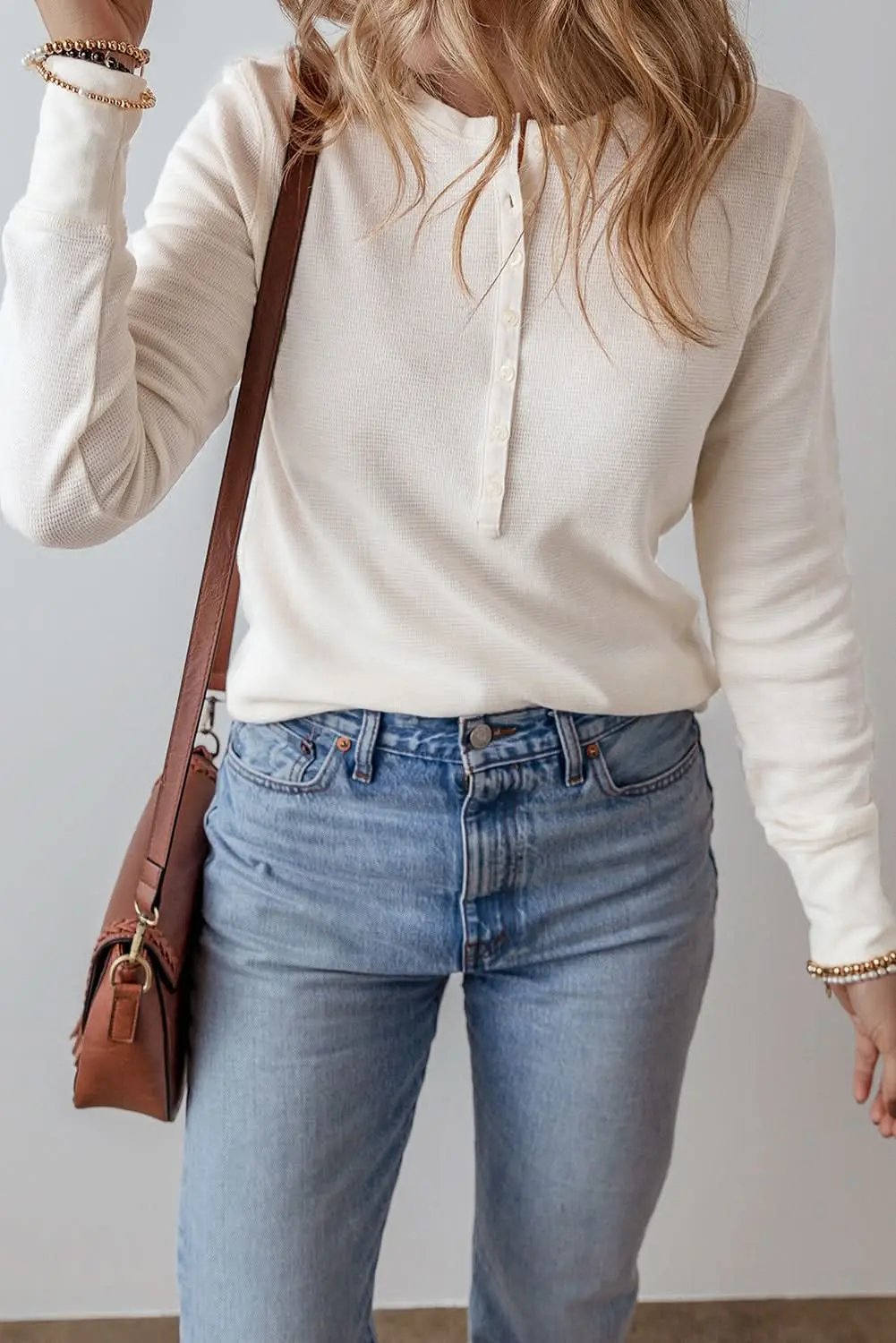 Sweaters Love Salve White Solid Color Waffle Half Button Long Sleeve T