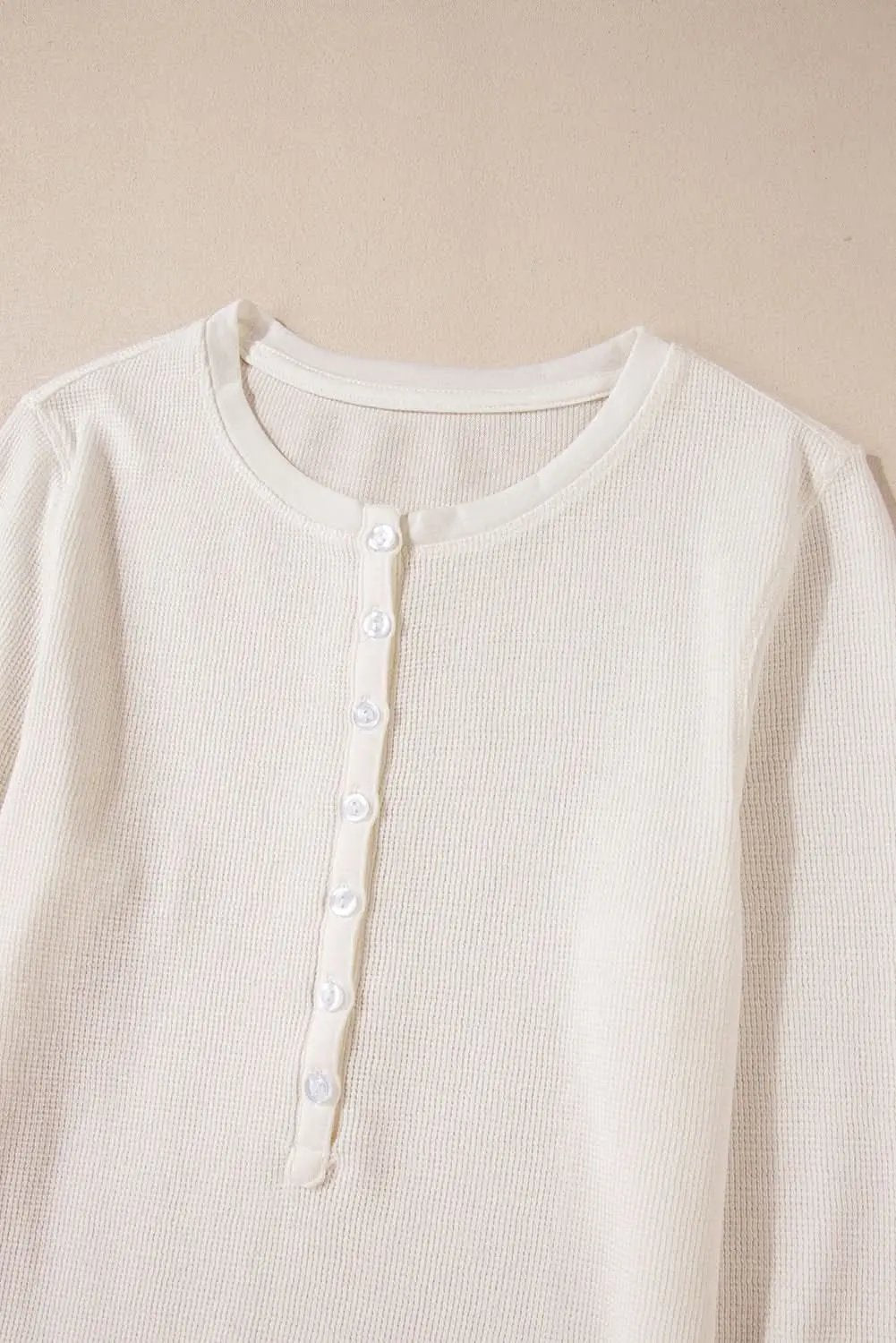 Sweaters Love Salve White Solid Color Waffle Half Button Long Sleeve T