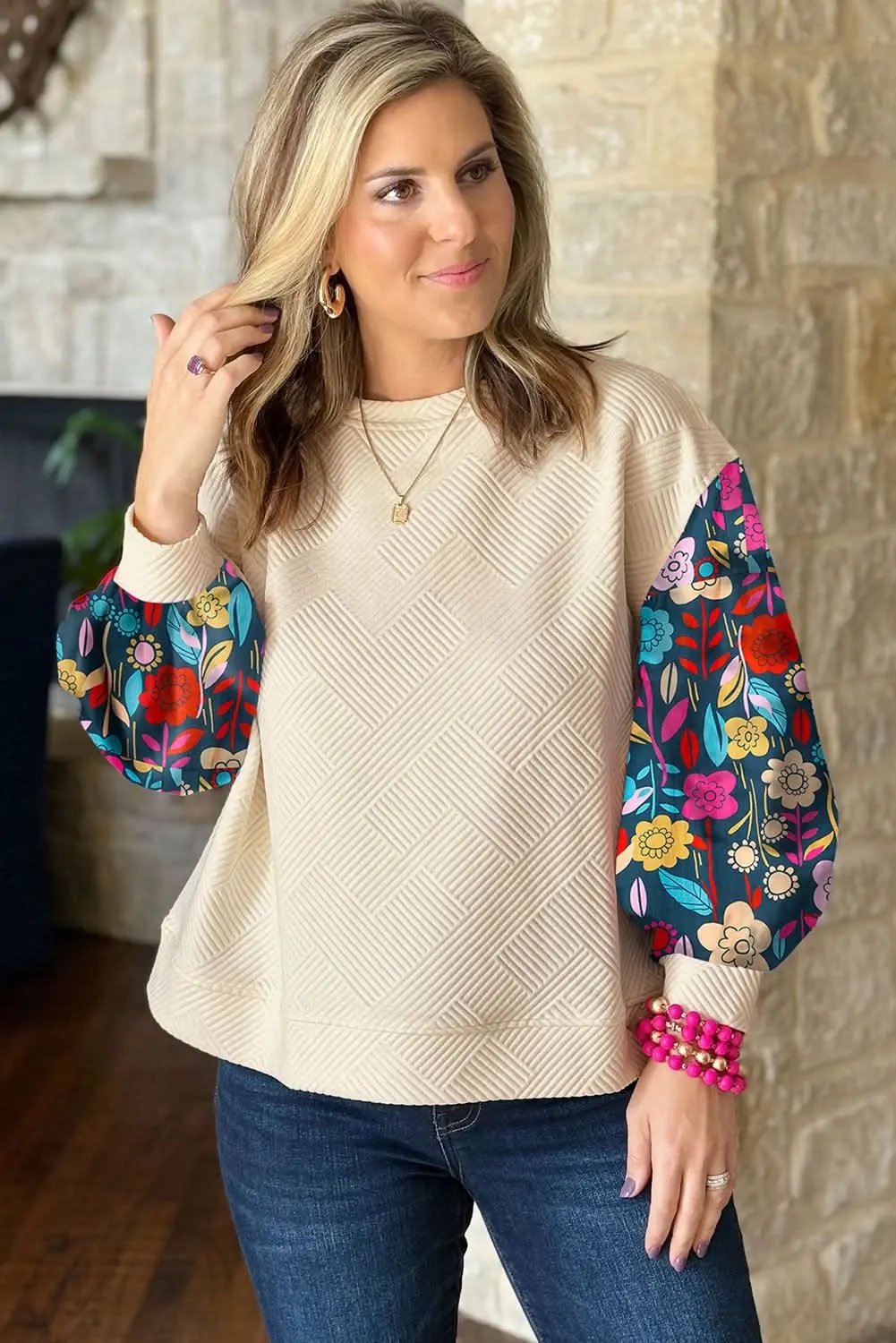 Sweaters Love Salve White floral sleeve knit top