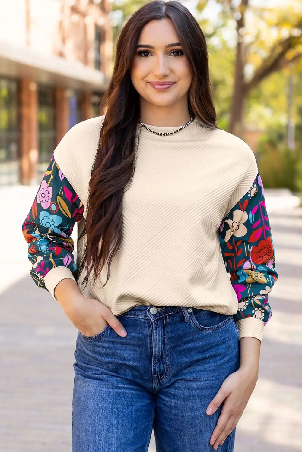 Sweaters Love Salve White floral sleeve knit top