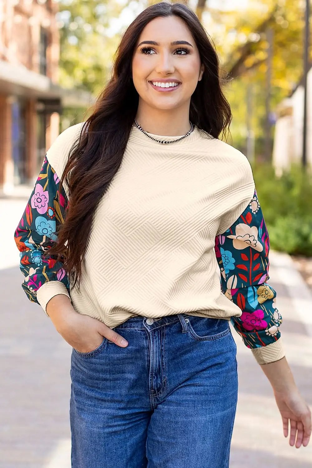 Sweaters Love Salve White floral sleeve knit top