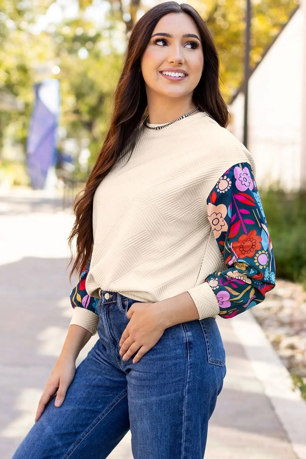 Sweaters Love Salve White floral sleeve knit top