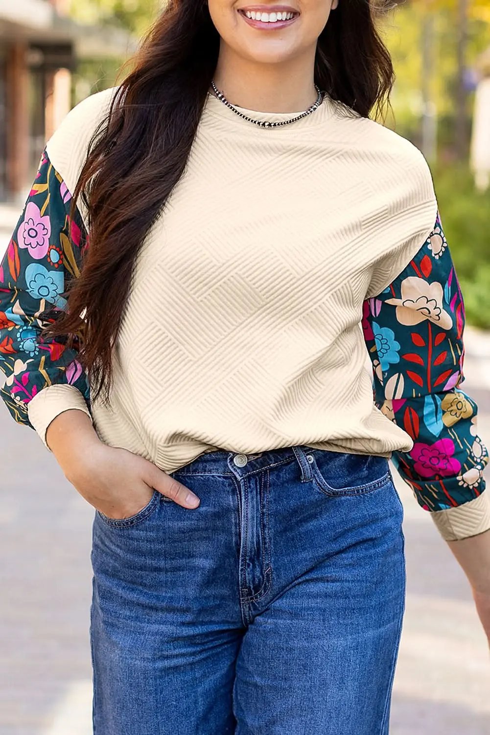 Sweaters Love Salve White floral sleeve knit top