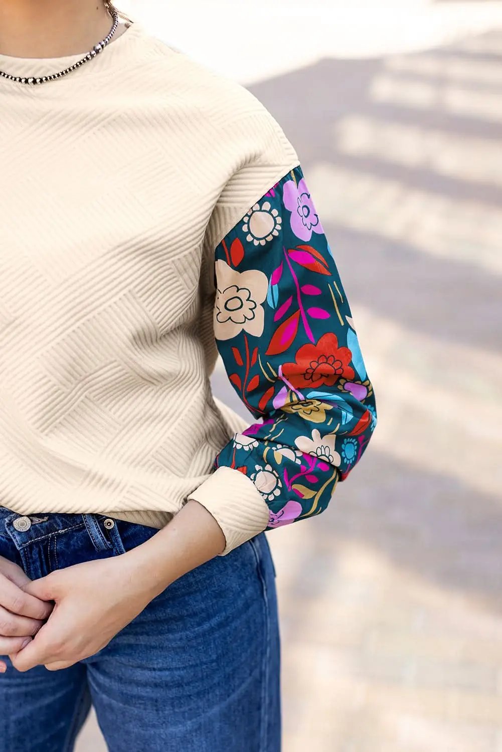 Sweaters Love Salve White floral sleeve knit top