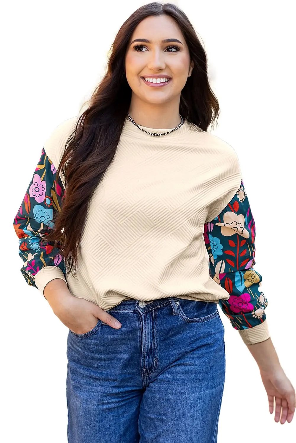 Sweaters Love Salve White floral sleeve knit top