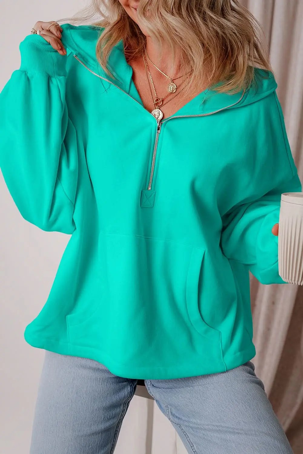 Jackets Aruba Blue Fleece Hoodie with Pockets by Love Salve