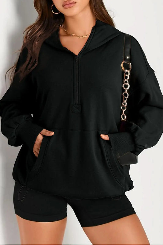 Chaquetas Love Salve negras lisas con bolsillo canguro y media cremallera oversized