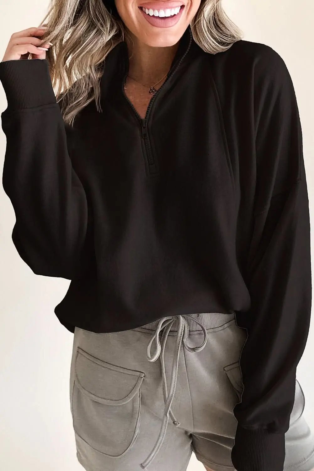 Pants Love Salve Black Zipped Neck Pullover Drop Shoulder Sweatshir
