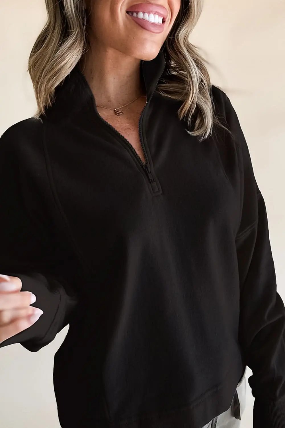 Pants Love Salve Black Zipped Neck Pullover Drop Shoulder Sweatshir