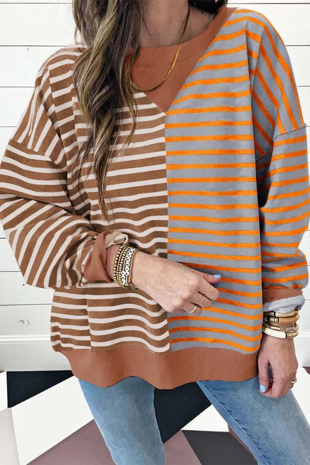 Pants Love Salve Brown Stripe Oversized Women's Sweatshirt Daily Wear Casual Style