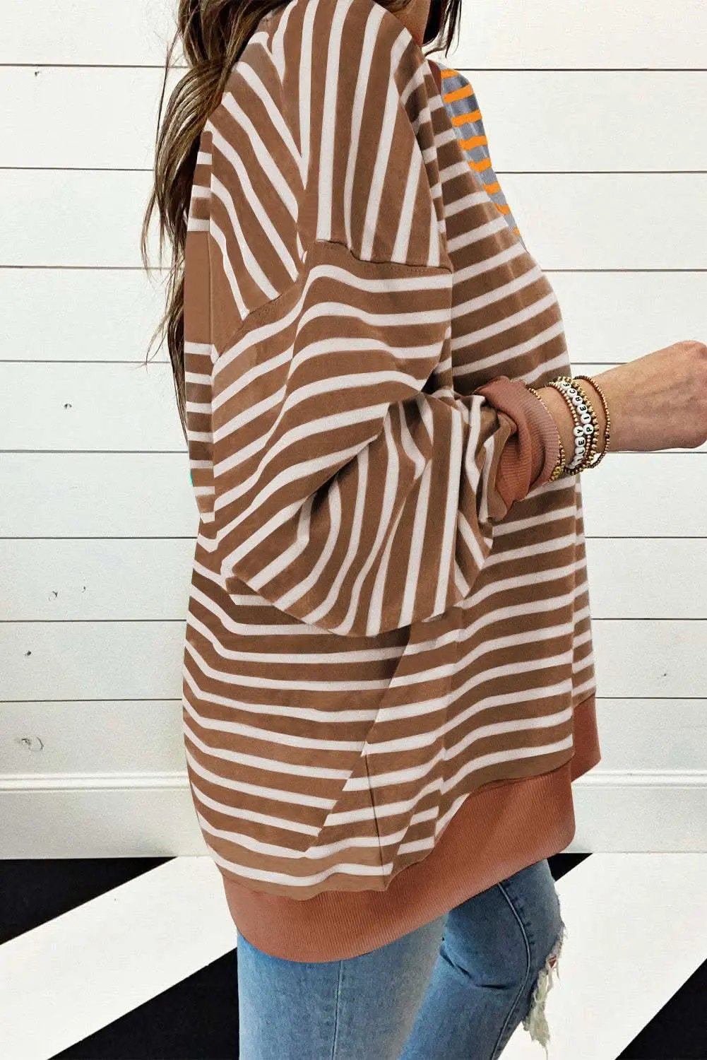 Pants Love Salve Brown Stripe Oversized Women's Sweatshirt Daily Wear Casual Style