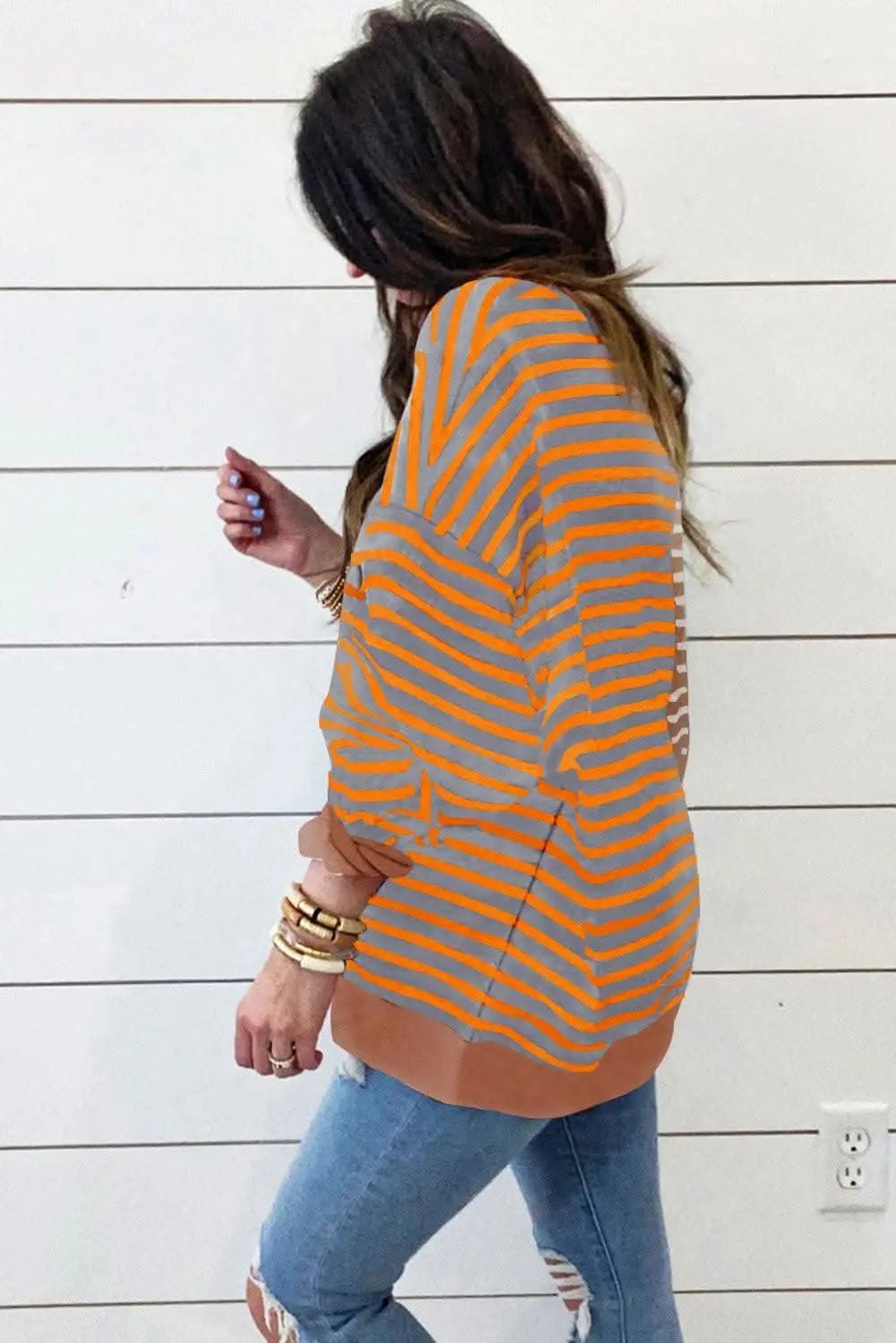 Pants Love Salve Brown Stripe Oversized Women's Sweatshirt Daily Wear Casual Style