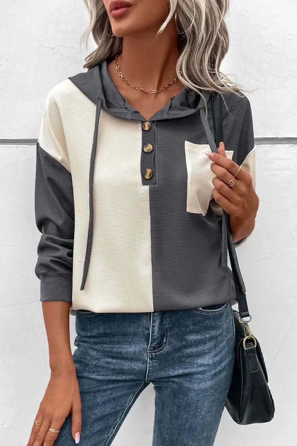 Jackets Love Salve Dark Grey Waffle Colorblock Buttons Placket Drop S