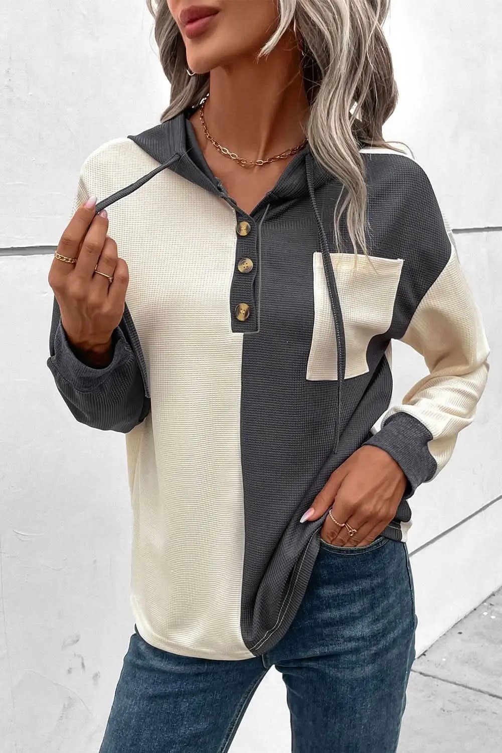 Jackets Love Salve Dark Grey Waffle Colorblock Buttons Placket Drop S