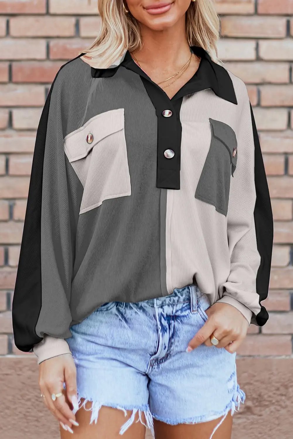 Love Salve Women's Oversized Colorblock Sweatshirt — Textured Gray Casual
