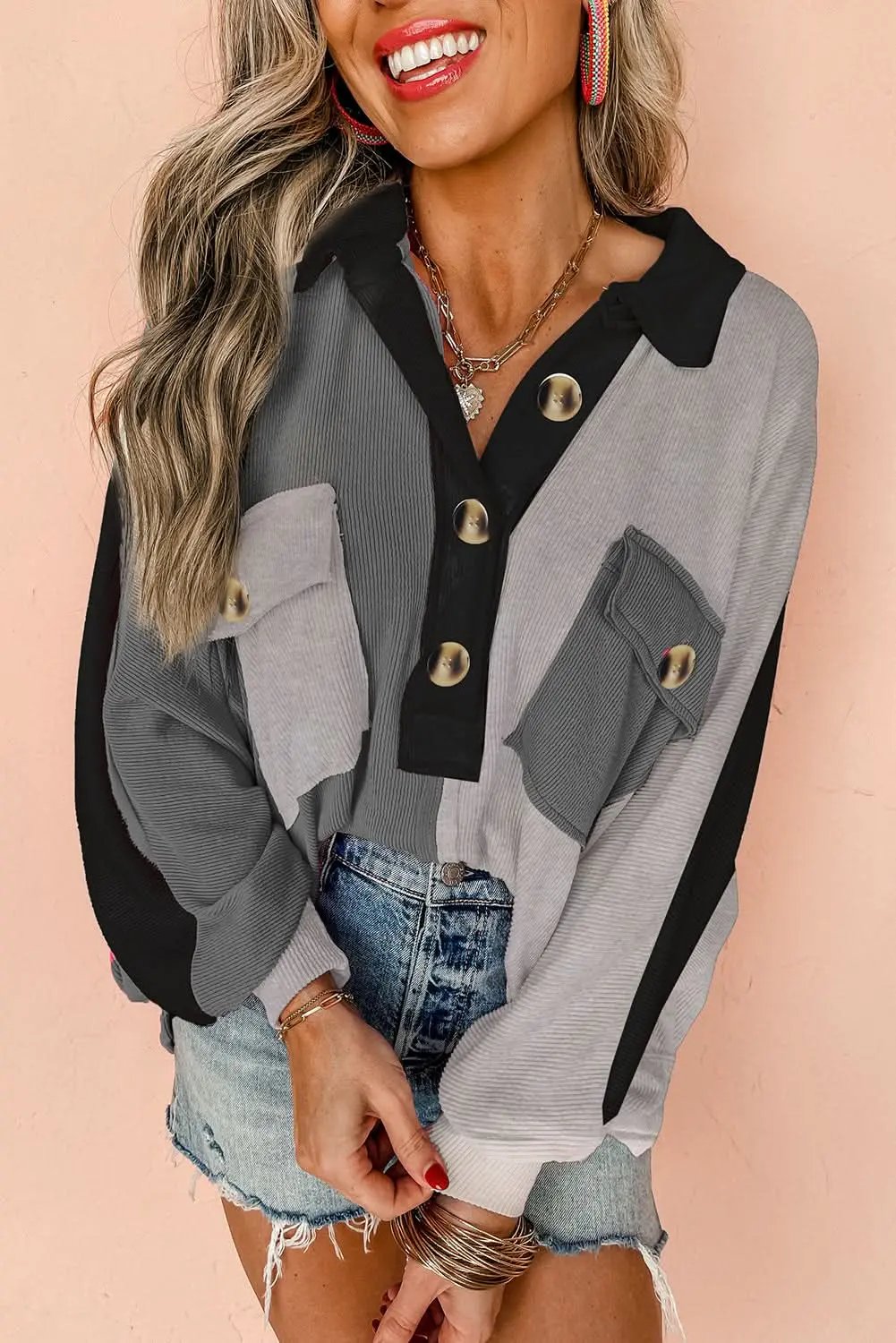Love Salve Women's Oversized Colorblock Sweatshirt — Textured Gray Casual