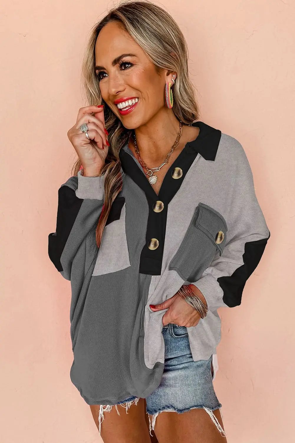 Love Salve Women's Oversized Colorblock Sweatshirt — Textured Gray Casual