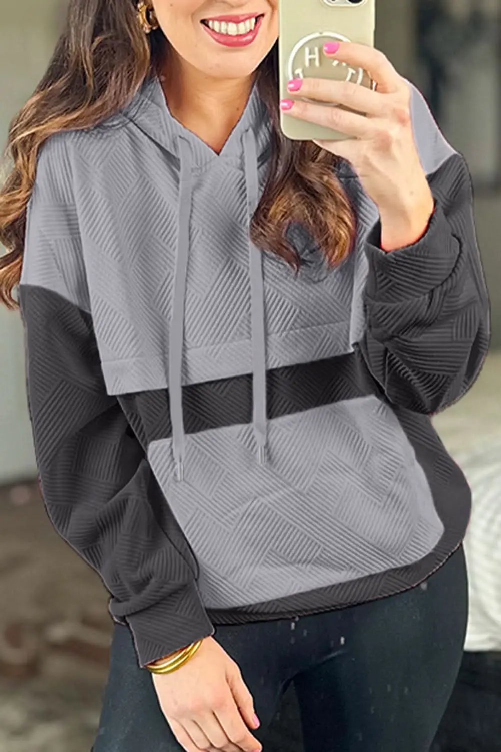 Pants Love Salve Gray Color Block Women's Hoodie Daily Casual Drop Shoulder Pullover Soft