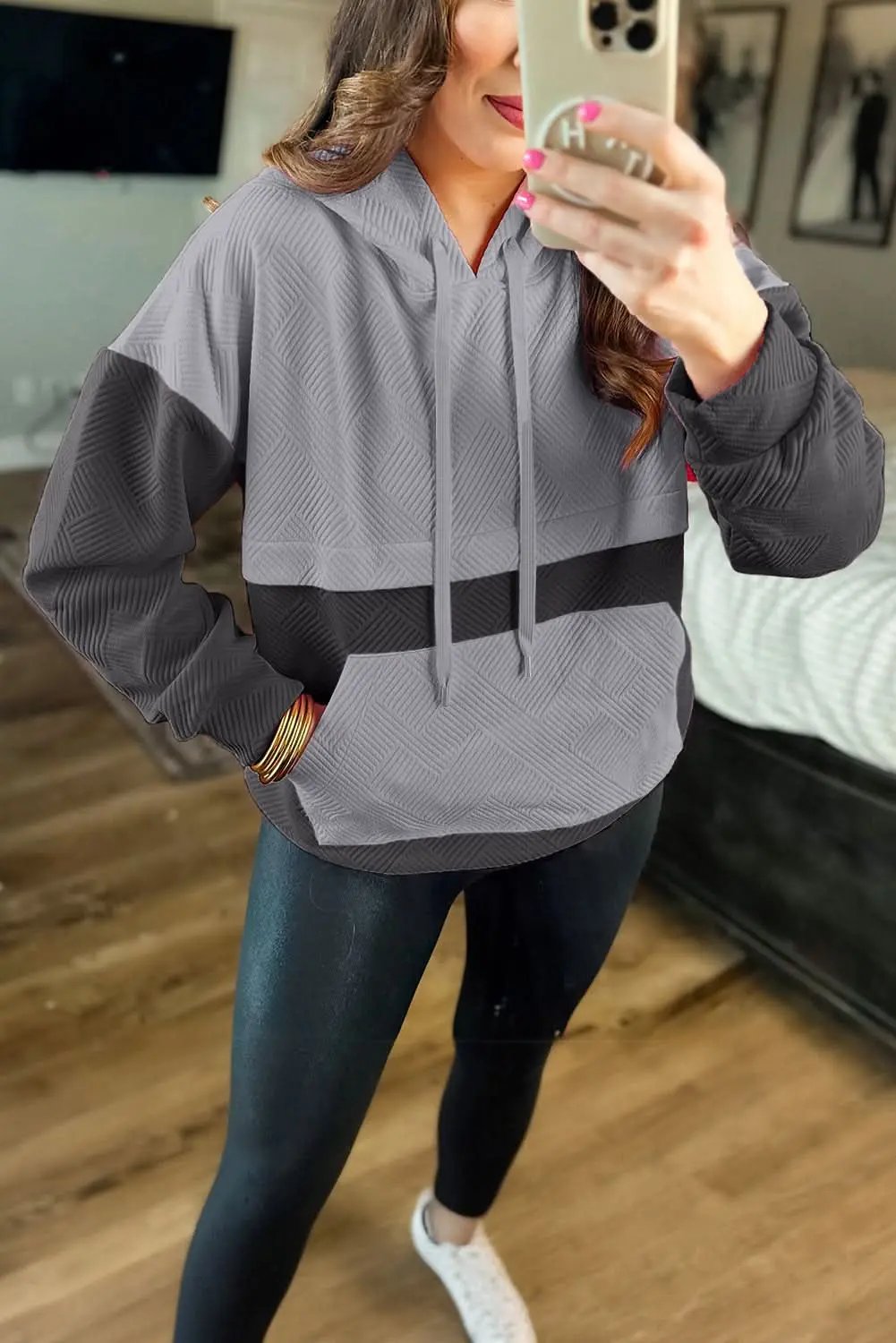 Pants Love Salve Gray Color Block Women's Hoodie Daily Casual Drop Shoulder Pullover Soft