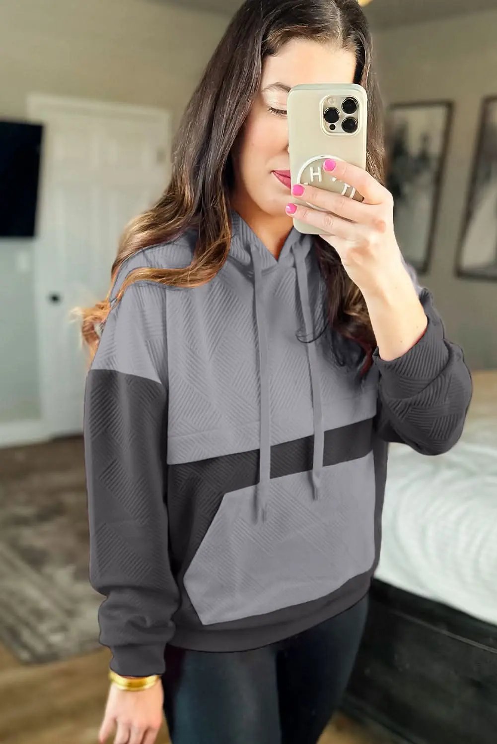 Pants Love Salve Gray Color Block Women's Hoodie Daily Casual Drop Shoulder Pullover Soft