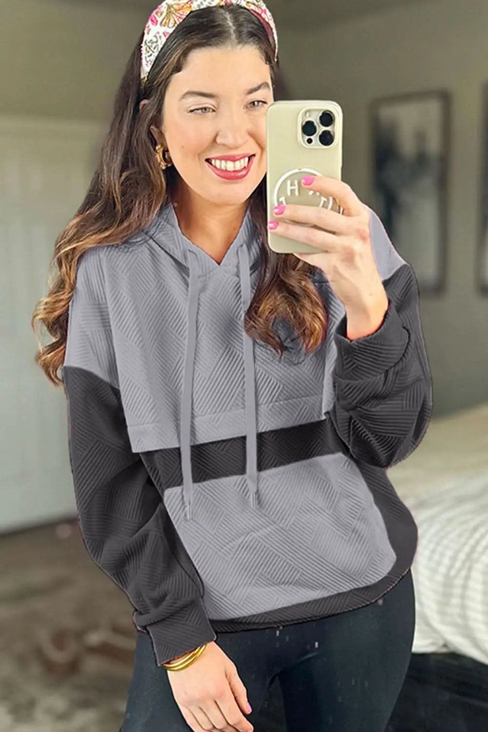 Pants Love Salve Gray Color Block Women's Hoodie Daily Casual Drop Shoulder Pullover Soft