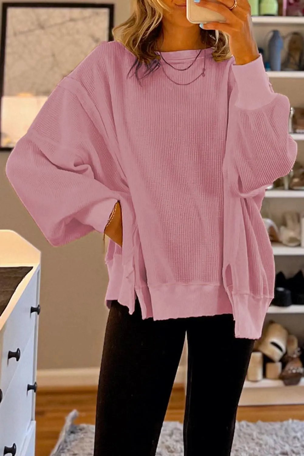 Sweaters Love Salve Pink Waffle Knit Bishop Sleeve Split Oversized Swe