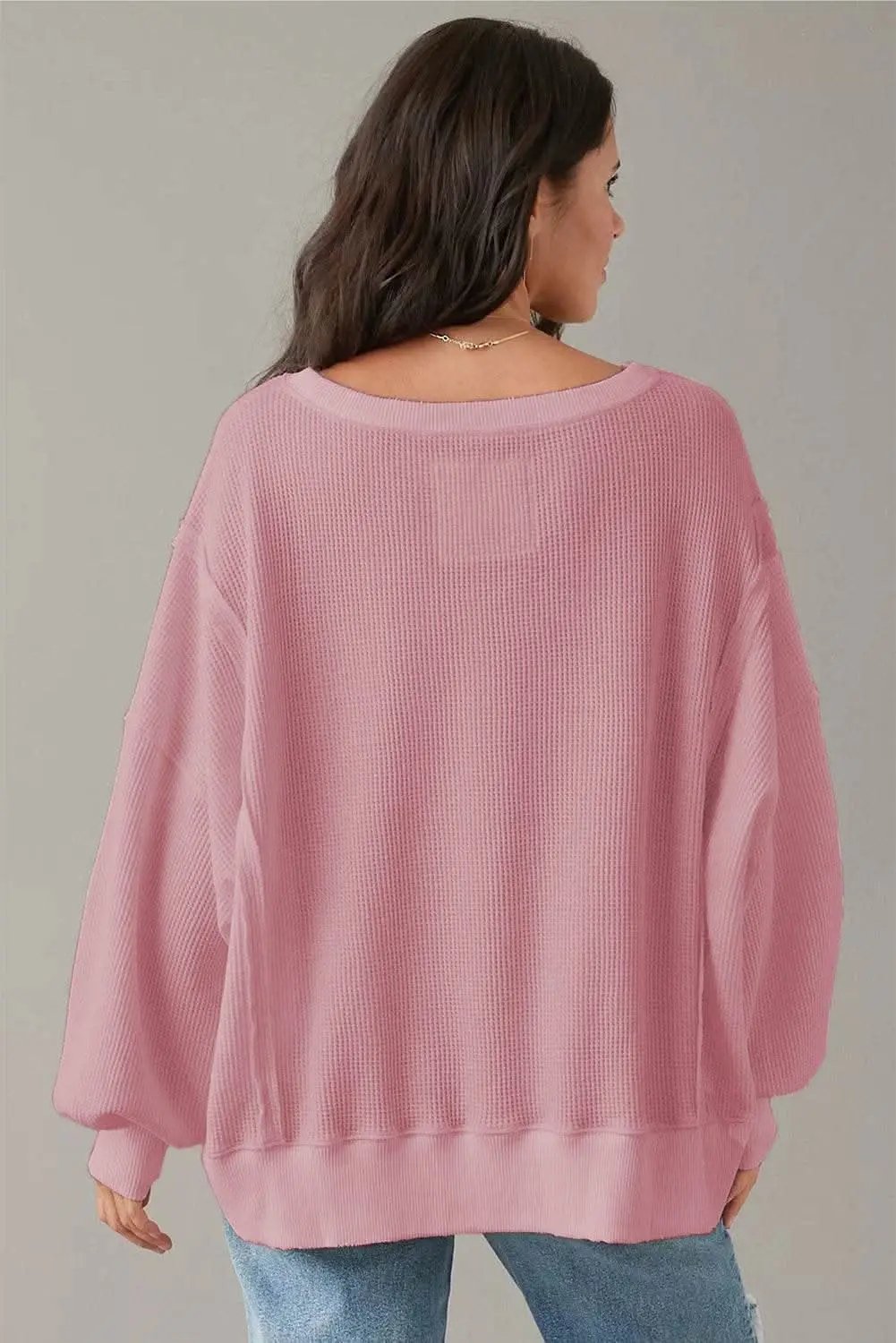 Sweaters Love Salve Pink Waffle Knit Bishop Sleeve Split Oversized Swe